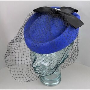 Vintage Geo Bollman Hat Doeskin Felt 100% Wool Blue W/ Black Bow & Birdcage Veil